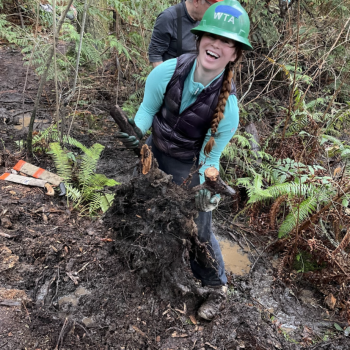 Outdoors grant writer Sarah Mitchell volunteering with the Washington Trails Association
